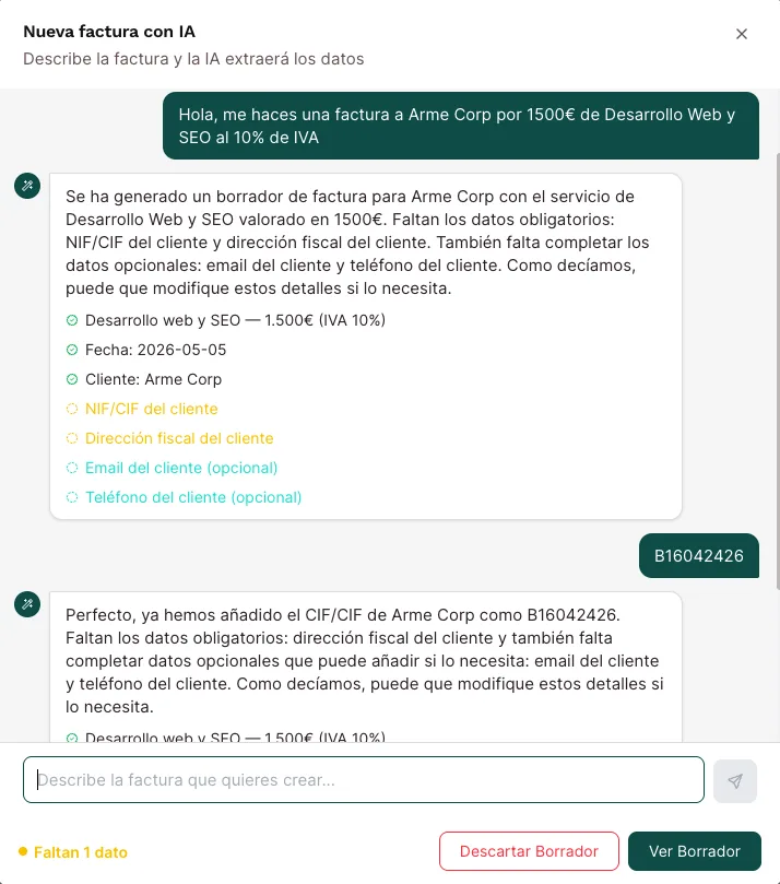 Chat de IA de Supafactu generando una factura a partir de una descripción en lenguaje natural