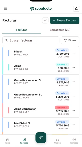 Lista de facturas emitidas en la app móvil de Supafactu